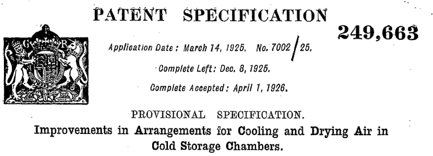 1925 - GB249663A - Improvements in arrangements for cooling and drying air in cold storage chambers